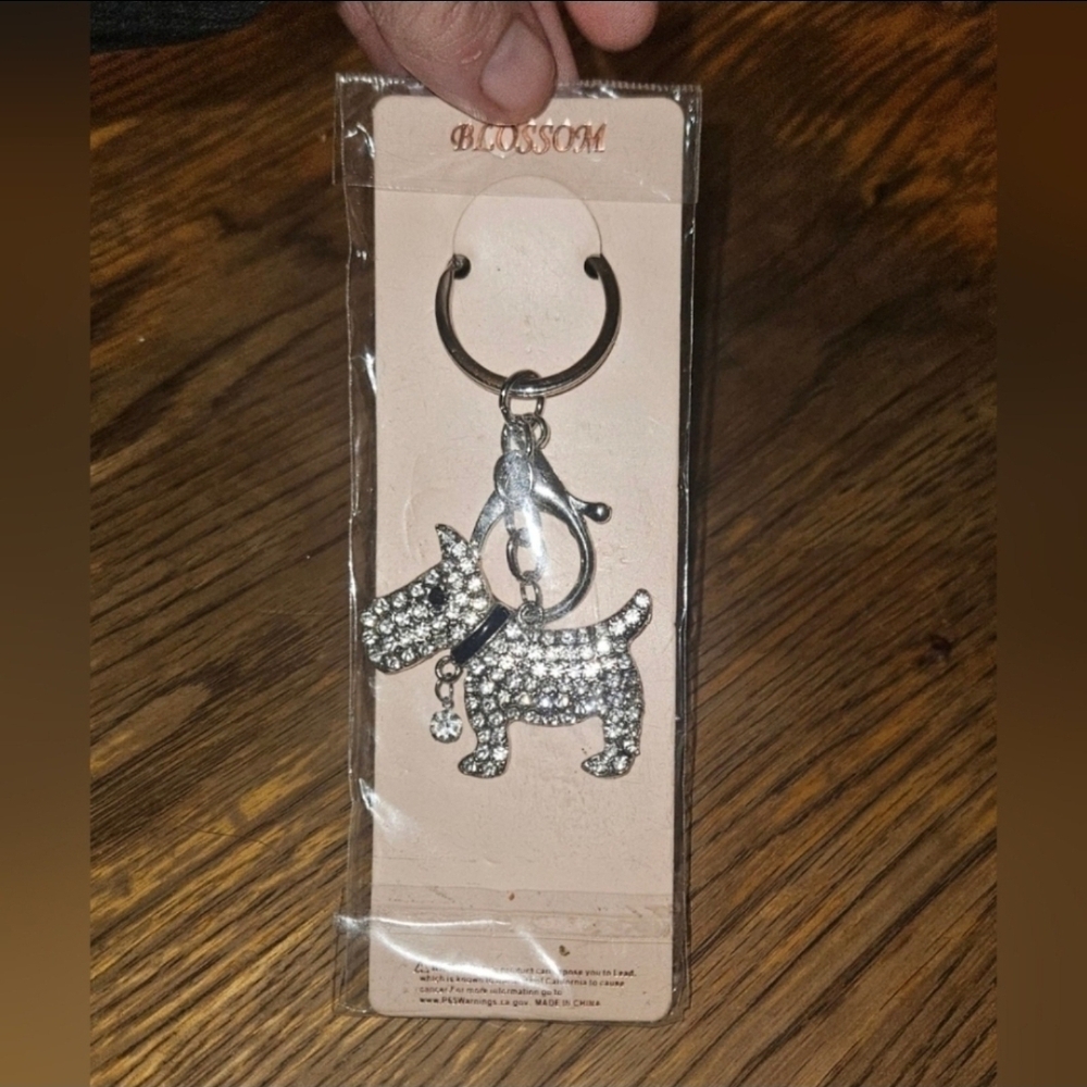 Silver Scottish Terrier Dog Rhinestone Embellished Keychain With Clasp BNIB